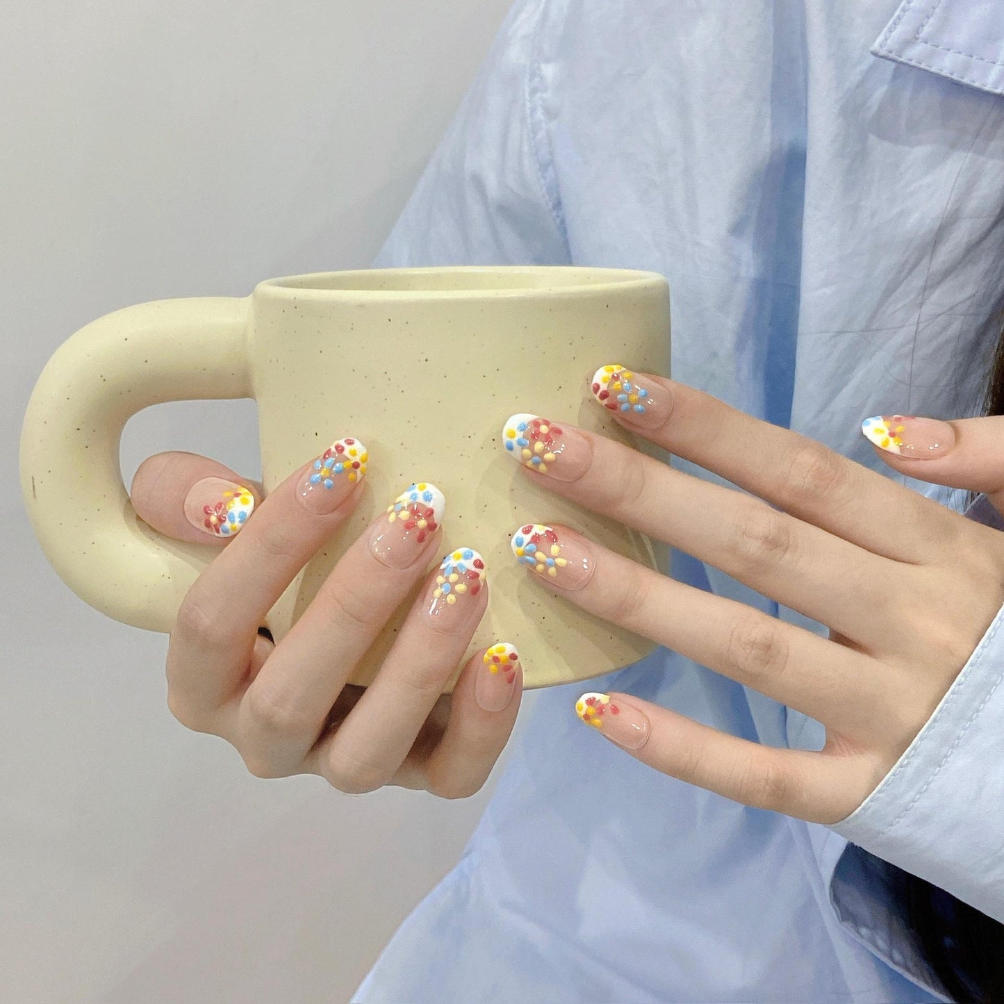 10pc/set Handmade Press on Nails Medium Long Short Circular Relief Flower Nail Tips Removable and Reusable
