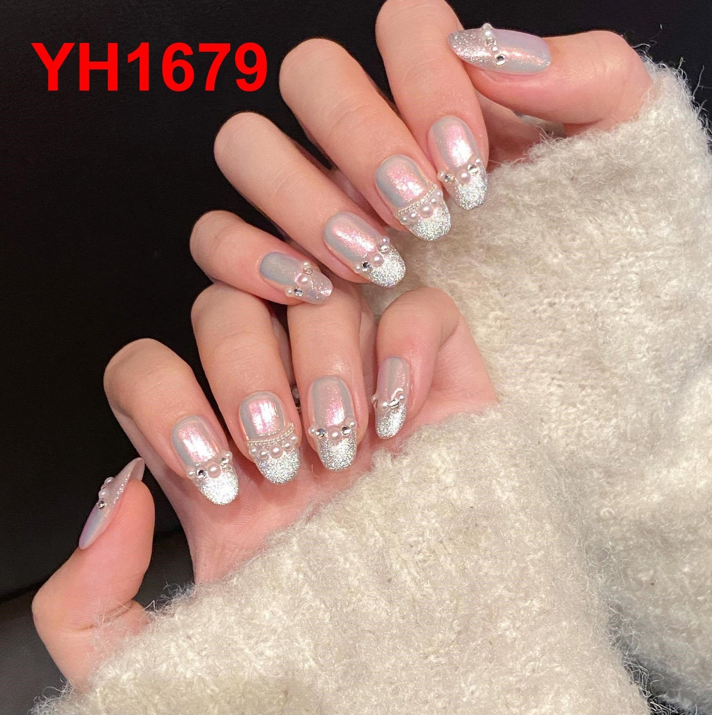 10pc/set Handmade Press on Nails Cat's Eye Pearl Nail Tips Removable and Reusable