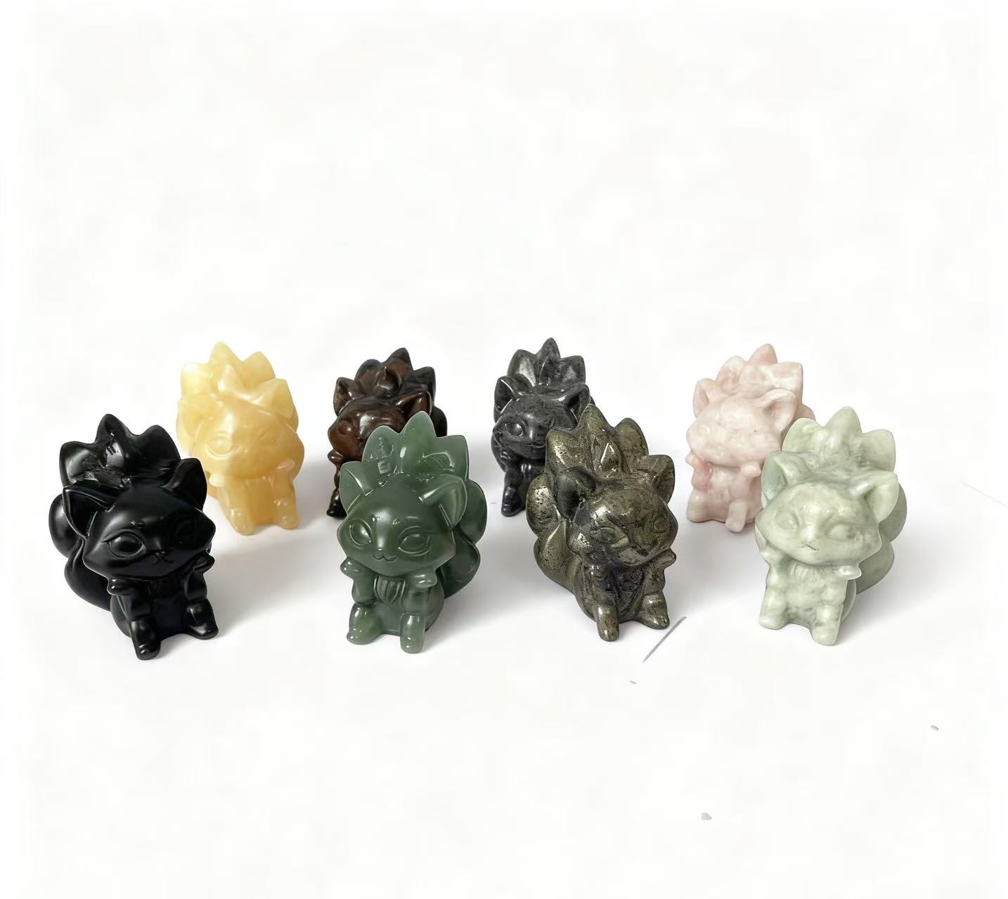 Natural Crystal Carvings of Nine-Tailed Foxes in Various Materials 6cm - Wisdom & Longevity Symbolism Home Decor Collectibles