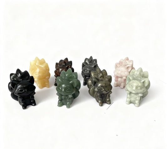 Natural Crystal Carvings of Nine-Tailed Foxes in Various Materials 6cm - Wisdom & Longevity Symbolism Home Decor Collectibles