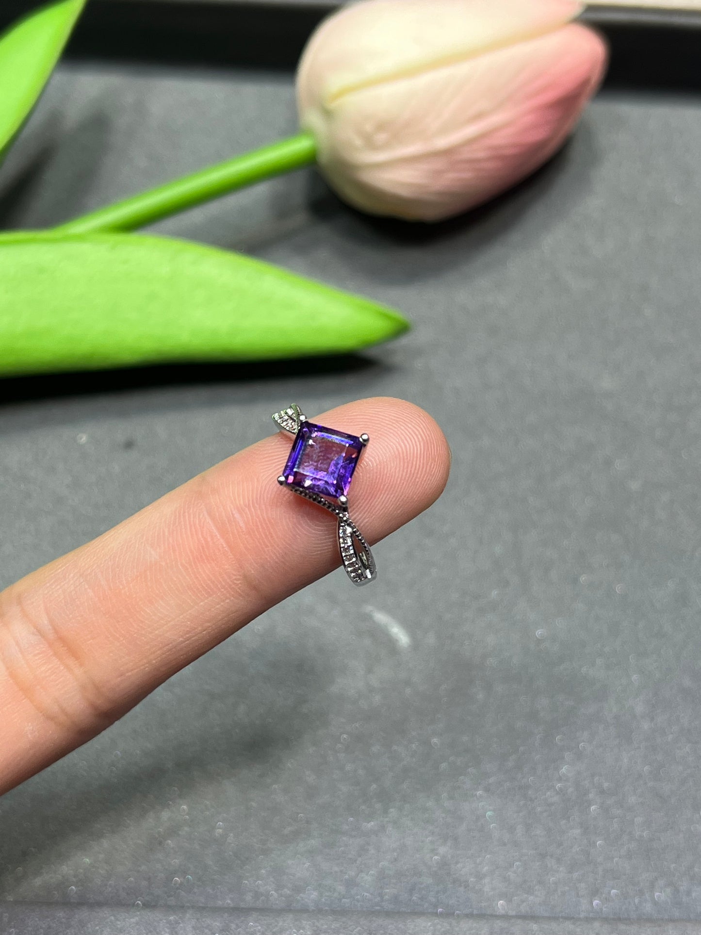 S925  square amethyst rings