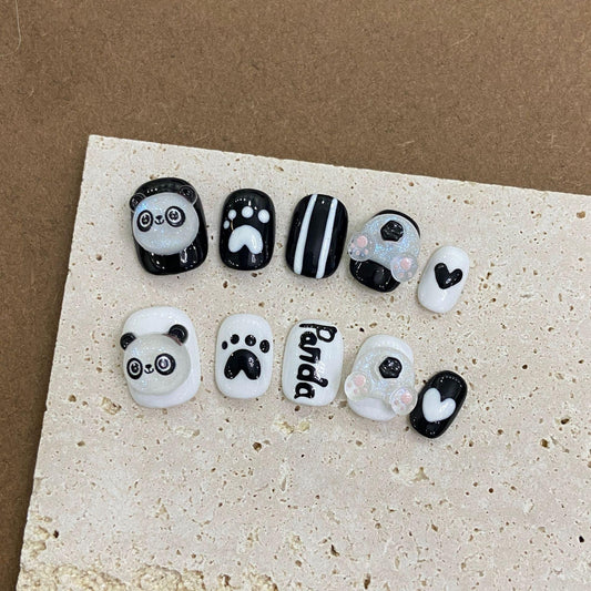 10pc/set Handmade Press on Nails Short Square Headed Cartoon Panda Nail Tips Removable and Reusable