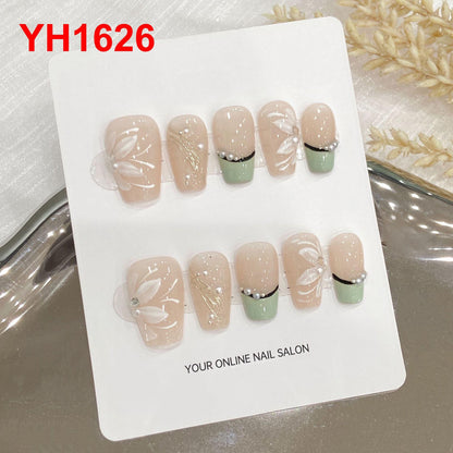 10pc/set Handmade Press on Nails Short Hand Drawn Ice Flower Nail Tips Removable and Reusable