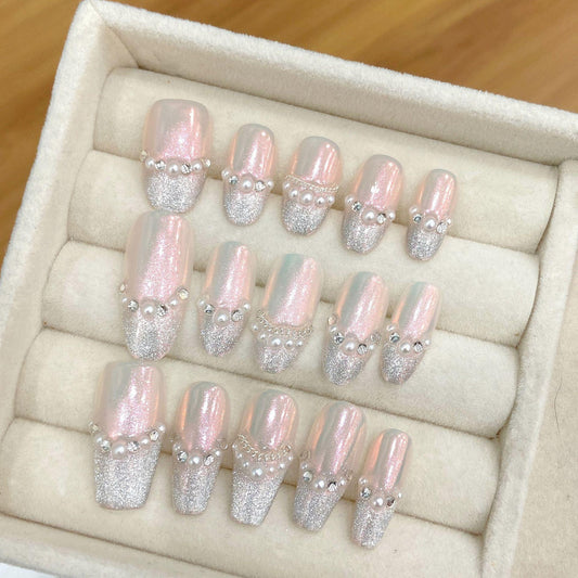 10pc/set Handmade Press on Nails Cat's Eye Pearl Nail Tips Removable and Reusable