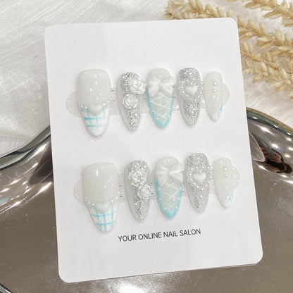 10pc/set Handmade Press on Nails Medium Length Blue Cute Butterfly Almond Nail Tips Removable and Reusable