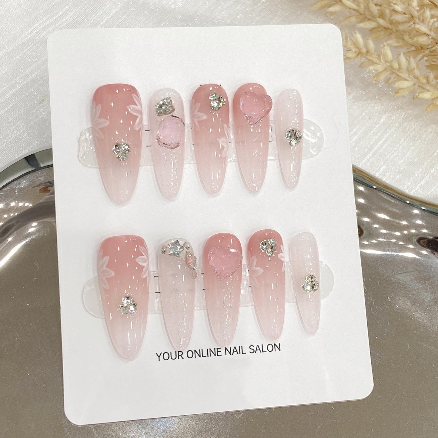 10pc/set Handmade Press on Nails Ice Transparent Gradient Butterfly Long Almond Nail Tips Removable and Reusable