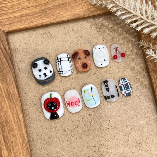 10pc/set Handmade Press on Nails Short Square Round Head Cartoon Nail Tips Removable and Reusable