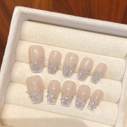 10pc/set Handmade Press on Nails Short Brown Cat Eyes with Sparkling Diamonds Nail Tips Removable and Reusable