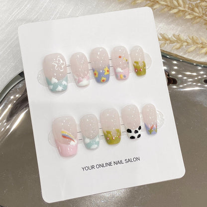 10pc/set Handmade Press on Nails Short Hand Drawn Cute French Clouds Nail Tips Removable and Reusable