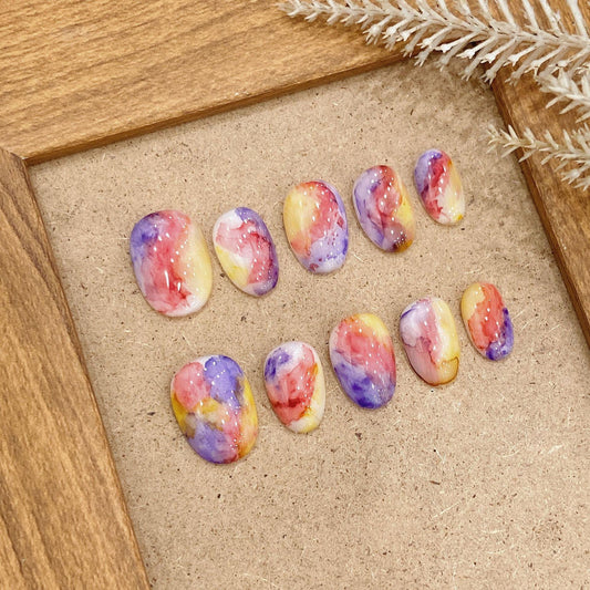 10pc/set Handmade Press on Nails Short Round Marble Pattern Halo Starry Sky Nail Tips Removable and Reusable