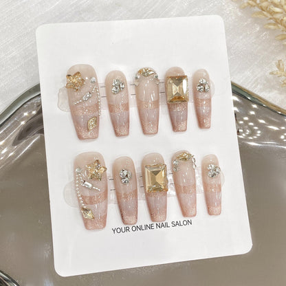 10pc/set Handmade Press on Nails Full Diamond Cat Eye Gradient French Nail Tips Removable and Reusable