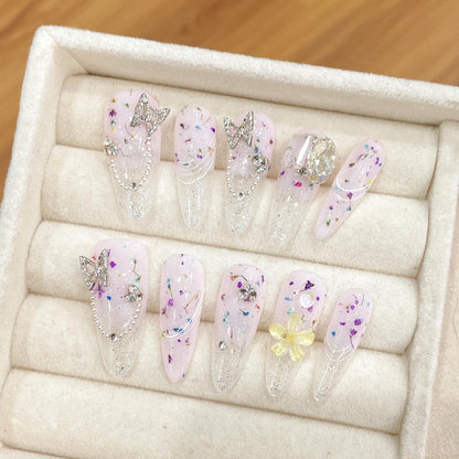 10pc/set Handmade Press on Nails Long Waterdrop Lace Rainbow Polka Dot Butterfly Nail Tips Removable and Reusable