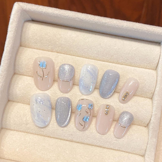 10pc/set Handmade Press on Nails Mid Round Head Haze Blue Gypsum Angel Rose Nail Tips Removable and Reusable