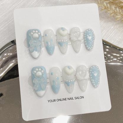 10pc/set Handmade Press on Nails Medium Length Almond Blue Cute Bow Cat Paw Nail Tips Removable and Reusable