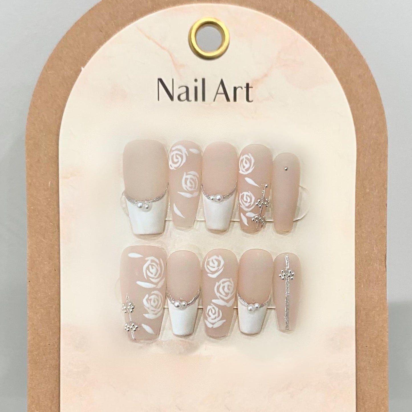 10pc/set Handmade Press on Nails Medium Length Frosted Hand-painted Rose Nail Tips Removable and Reusable